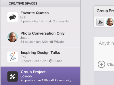Creative Spaces chisel groups list select spaces