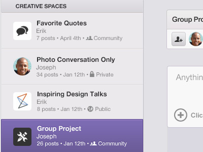 Creative Spaces chisel list select groups spaces