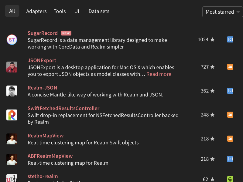 Realm add-ons page most-starred github list