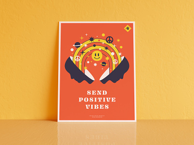 Send Positive Vibes Poster for sale navy peace positive positivevibes poster rainbow red screenprint smiley space stars yellow