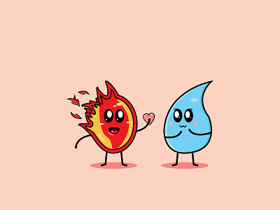 Cute mascot fire and water falling in Love.