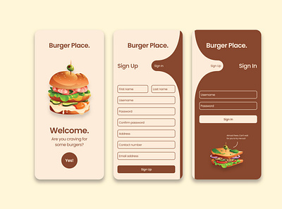 Burger Place. - Landing Page, Sign In & Sign Up Page app burger design landing landing page mobile mobile app mobile application sign in sign up ui ui design uiux ux