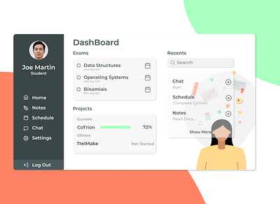 Student DashBoard app design flat ui ux web