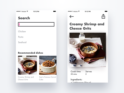 Recipe Application app card cart filters food grid ios list minimal recipe search view