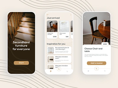 Secondhand Vintage Furniture App Design For Mobile Devices basket brown car cards design font furniture interior ios mobile app modern onlineshop picture preview scroll secondhand shop smartphone vintage waves