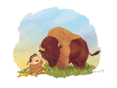 Anaïs - Birth card illustration baby birth announcement birth card bison giraffe illustration moccasin photoshop prairie