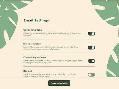 Email Settings Page, Lifestyle Website cooking design gardening lifestyle settings ui user experience ux website