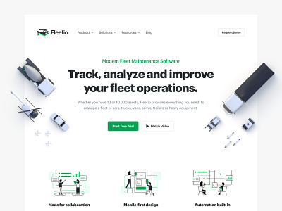 Fleetio Site Revamp 3d automation branding c4d car collaboration drone fleet fleet management forklift helicopter homepage icon illustration landing page scooter truck ui vehicle webdesign