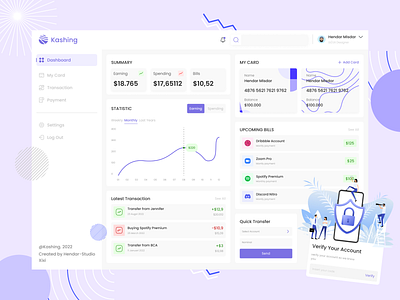 Kashing - Dashboard bank bra card credit cute dashboard design finance invest money nft purple saving simple statistic ui uiux design ux visa web app