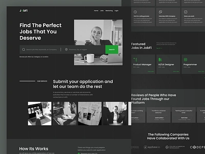 JobFi Landing Page career careers cv dark mode dark theme education interview job jobfair jobfound jobs jobseeker jobwork landing page office portofolio resume simple vacany work