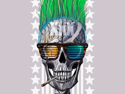 Skull art brain digital painting green hair illustration pop art skull smoke star sunglasses weed