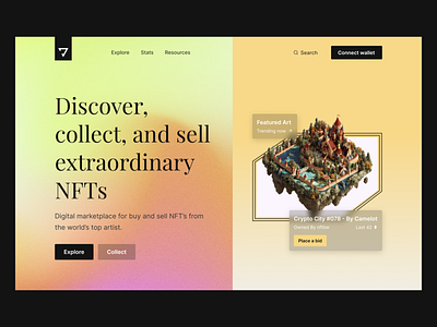 NFT Landingpage Concept Design (Hero) art binance blockchain cruptoart crypto cryptocurrency etherium figma gallery glassmorphism homepage modern nft plattform ui ui design ux ux design web