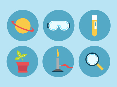 Science Fair Icons - P2 burner flat goggles icons illustration magnify glass plant sample saturn
