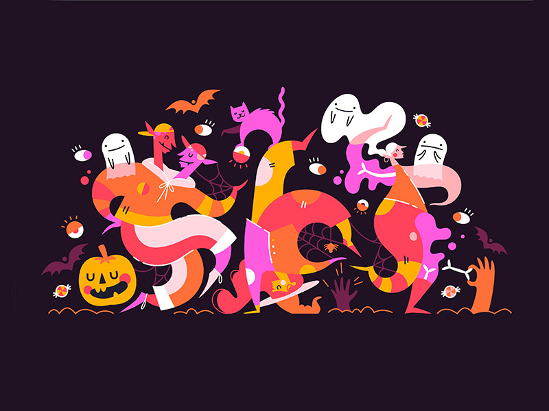 Boogie monsters illustration spider ghost witch pumpkin monsters monster dance halloween