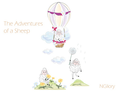 The Adventures of a Sheep balloon clouds dandelion design illustration typography vector