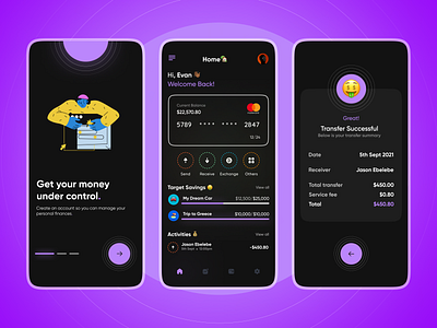Finance Management App app dark theme dark ui design financial app minimalism savings ui uiux ux