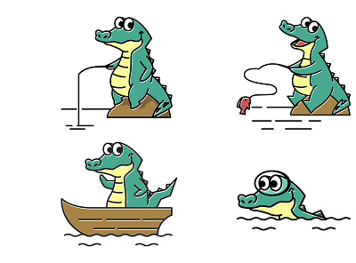 Crocodile Alligator Swimming Fishing Fish Boat Cartoon Mascot alligator boat cartoon character crocodile cute design drawing fish fishing fun mascot picture reptile swimming vector