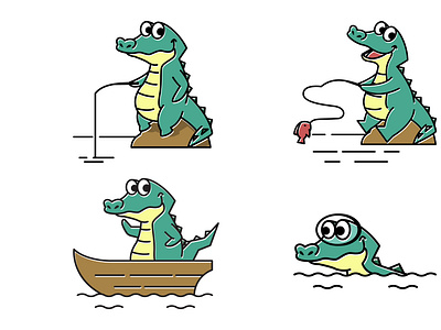 Crocodile Alligator Swimming Fishing Fish Boat Cartoon Mascot