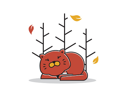 Cute Sleeping Fat Cat Autumn Fall Season Cartoon