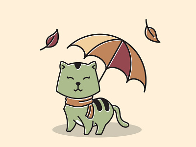 Cat Scarf Standing Smiling Umbrella Autumn Fall Season Cartoon