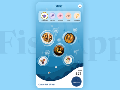 Sea foodservice kiosk - Fishapp app blue food foodservice kiosk ocean ocean food saas ui underwater ux website