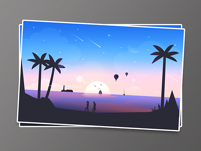 Beach balloon beach coconuts fantasy gradient illustration island night sky relax star sun sunshine