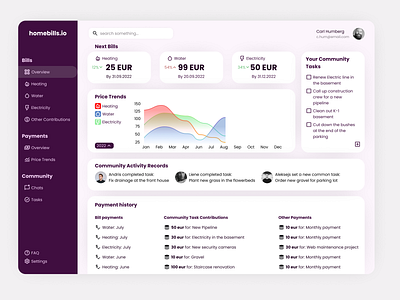 homebills.io app bills community dashboard home payments ui