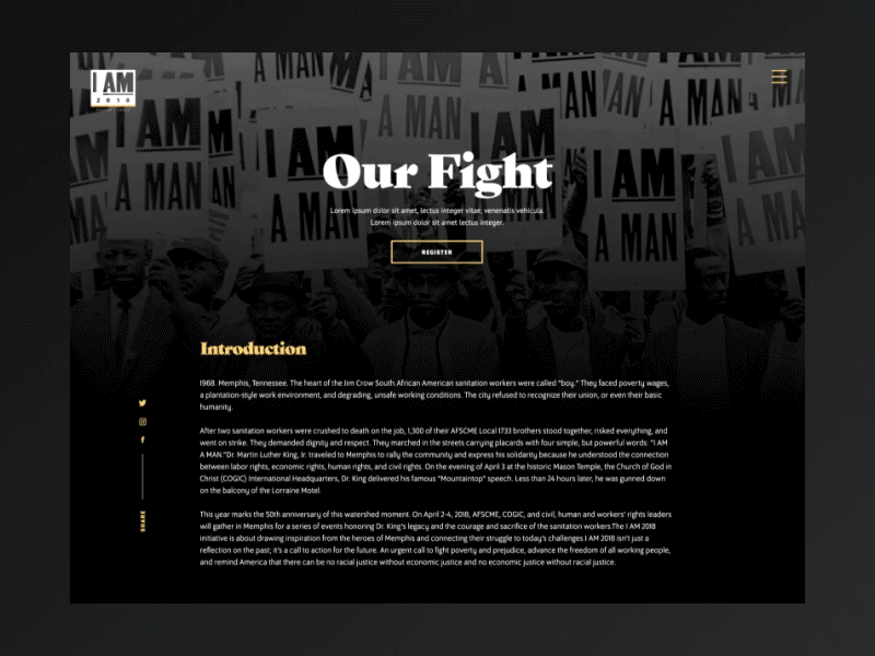 IAM2018.org — Our Fight activist dark theme desktop event long layout mask image motion peel protest website
