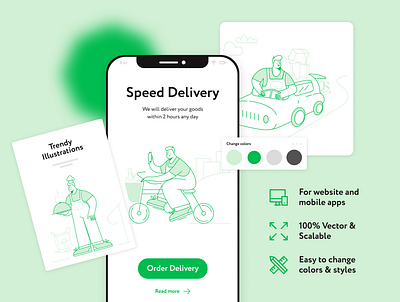 Ordery Illustrations delivery delivery app delivery service figma food app food delivery green illustration mobile app