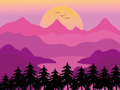 Sunset behind the mountains forest illustration mountains nature sunset