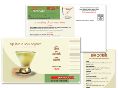 Pomodoro - Promotional and cocktail menu brand direct mail menu postcard design