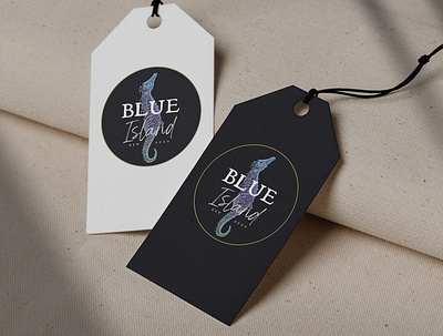 blue island logo and label design blue blue and white branding design label logo mauritius seahorse vintage