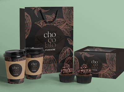 chocolato packing design bakery branding brown chocolate cocoa coffee cupcakes design logo muffins package design paper bag pastry