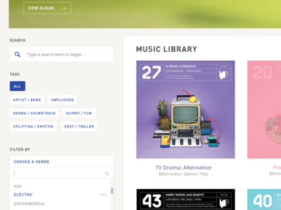 Music Search & Filter album art filter interaction design search ui ux web