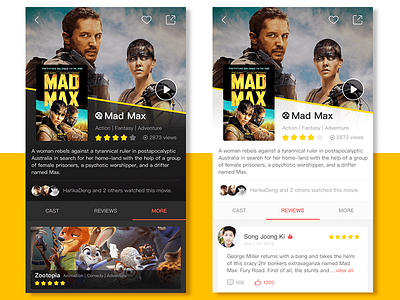 The movie details page（day mode& night mode） app cast day mode movie night online player reviews ui