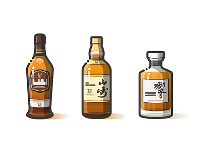 Glenfiddich&Yamazaki&HIBIKI bottle icon illustration line whisky wine