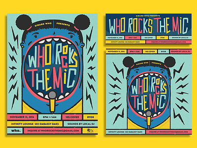 Who Rocks The Mic 2/? block blocking color colorful design flyer girl illustration mic open poster typography