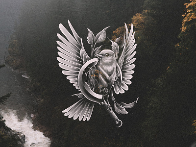 Bird & Scythe bird black and white forest illustration leaves neotraditional procreate scythe tattoo
