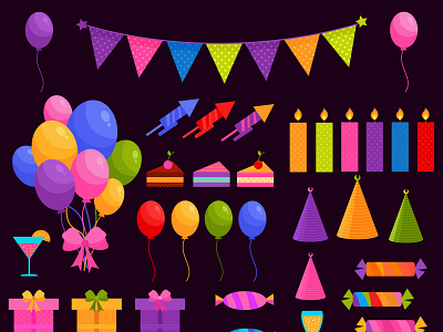 Flat Happy birthday elements balloons design elements event happy birthday illustration party set vector