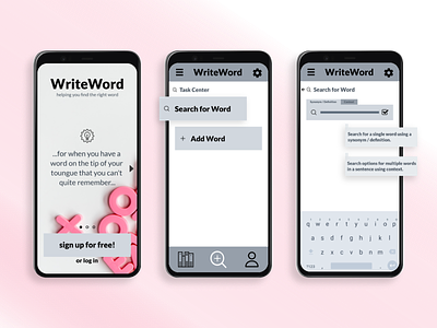 WriteWord - Splash / Onboarding - Mobile App admin app appdesign application careerfoundry intro library mobile app project search simple thesaurus vocabulary word finding app