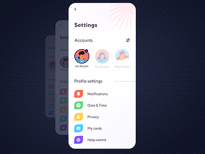 Settings screen with multiple accounts