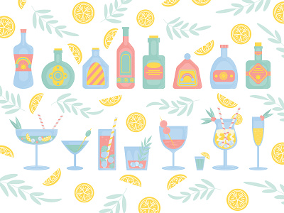 Cocktails glasses and alcohol bottles set. illustration