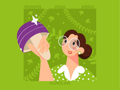 Mushroom and girl art challenge characters design flat flat design girl glasses graphic design green illustration mushroom mushrooms people summer vector