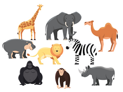 Animals | part 3 animal camel chimpanzee elephant giraffe gorilla hippo hippopotamus illustration lion rhinoceros zebra