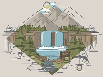 Hiking backpack hiking illustration mountains outdoors trees waterfall