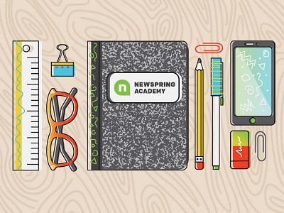 NewSpring Academy 90s church glasses newspring notebook offset pencil phone ruler school supplies