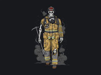 Firefighter artwork bones cartoon design firefighter hero illustration logo skeleton skull t shirt
