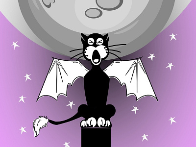 Black Cat 2d bat cat cat drawing cat illustration illustration meow moon night sky stars tail vampire wings