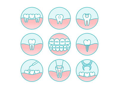 DENTAL ICONS cleaning dental dentist extraction filling flat icon illustration implant orthodontics rootcanels tooth