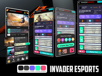 Esports App UI Designs - Invader Esports Dark Theme 3d adobe xd animation app app designs app ui dark theme elegant ui esports esports app ui flutter flutter app full app design gaming app graphic design stylish ui design tournament app design ui ui designs ui ideas